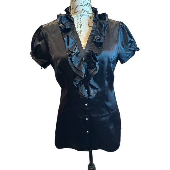 White House Black Market Black Ruffle Blouse - Picture 2 of 5